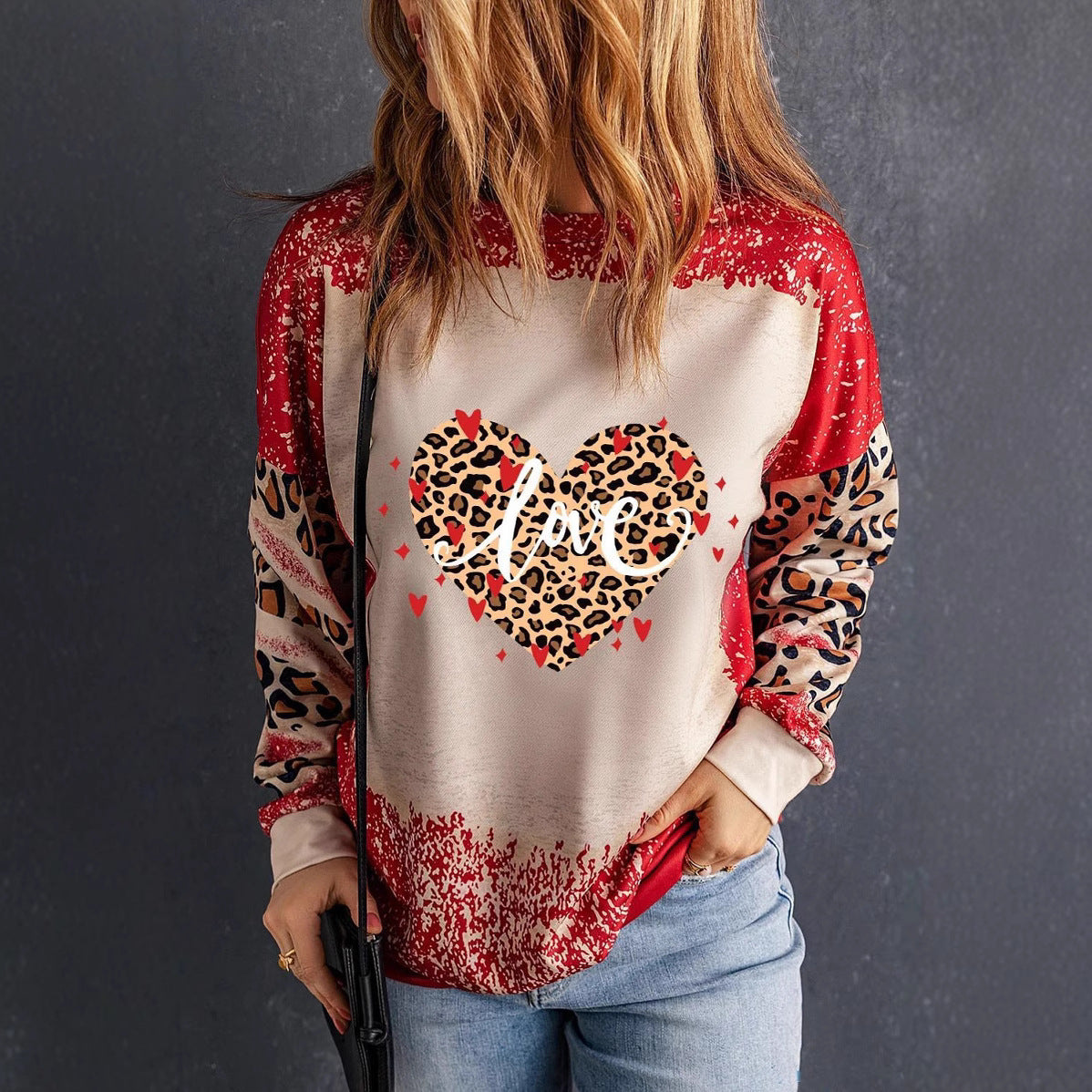 Heart Round Neck Long Sleeve Pullover Sweater