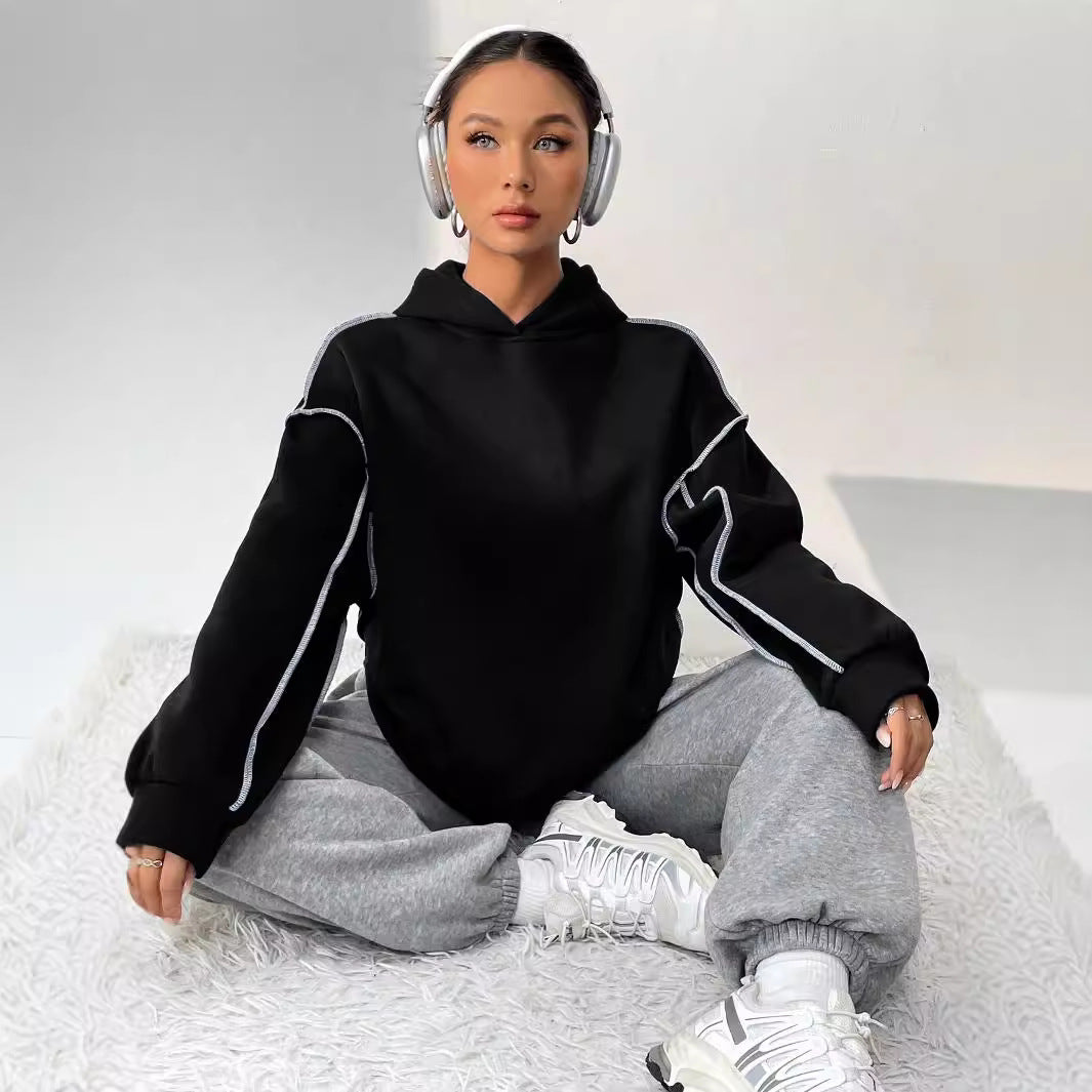 Hooded Long Sleeve Patchwork Sweater